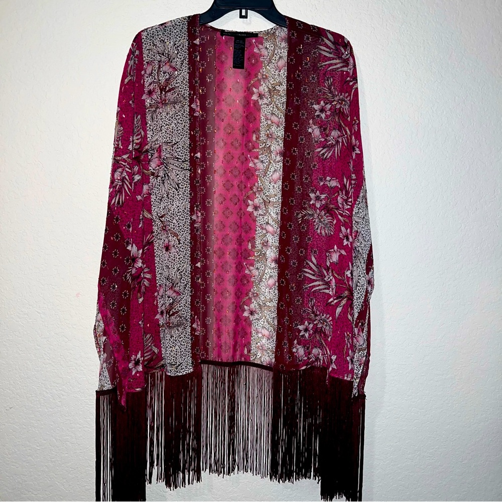 WHBM floral fringe shawl duster